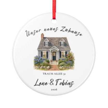 Personalisierter Keramik Anhänger Hausfoto, Neues Zuhause Geschenk mit Namen Adresse Jahr, Einzug Umzug Hausbau Richtfest Familie Ornament