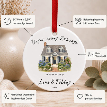 Personalisierter Keramik Anhänger Hausfoto, Neues Zuhause Geschenk mit Namen Adresse Jahr, Einzug Umzug Hausbau Richtfest Familie Ornament