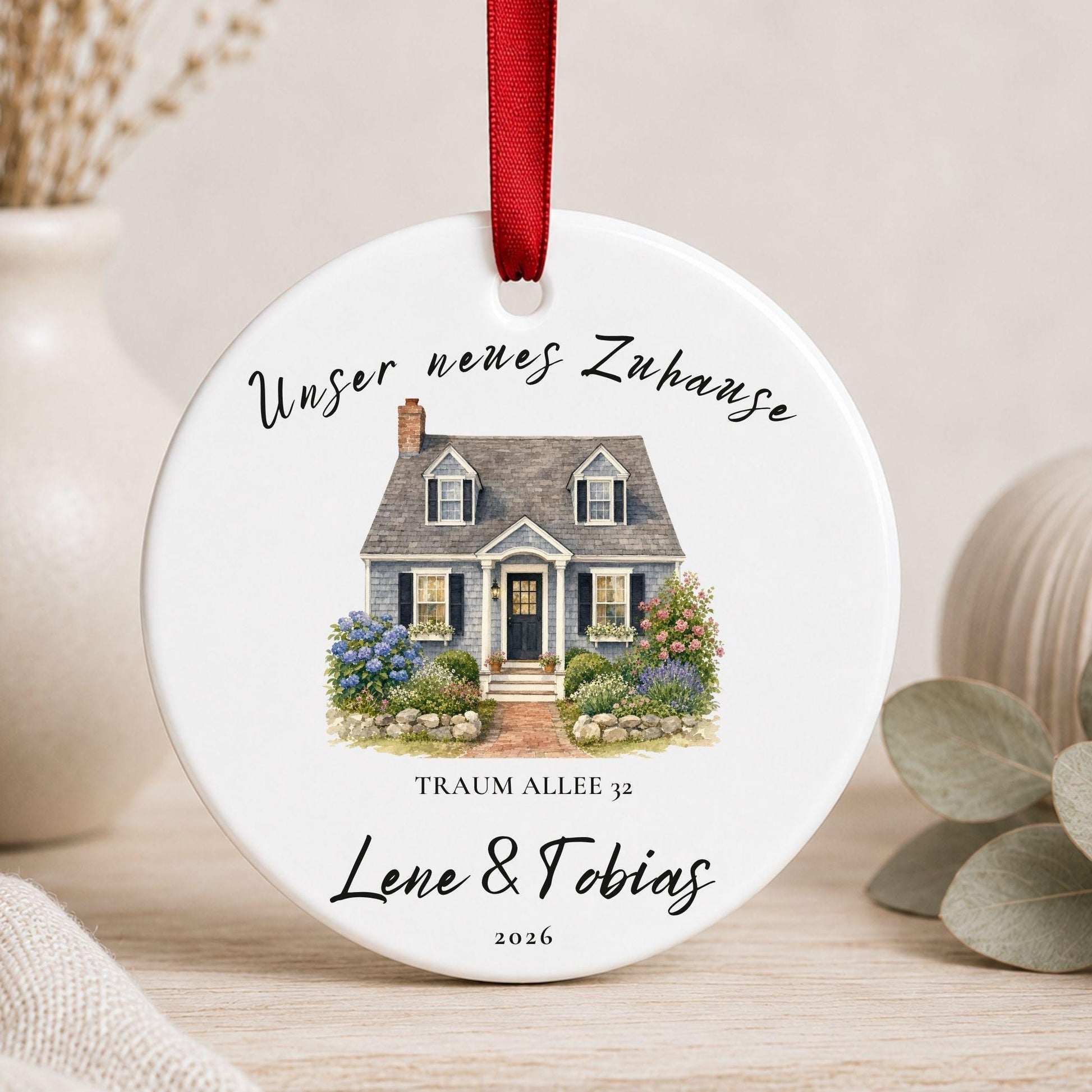 Personalisierter Keramik Anhänger Hausfoto, Neues Zuhause Geschenk mit Namen Adresse Jahr, Einzug Umzug Hausbau Richtfest Familie Ornament