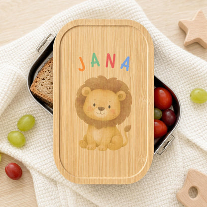 Personalisierte Brotdose mit Namen, Kinder Lunchbox Edelstahl mit Bambusdeckel, Tiermotiv Aquarell, Kita Einschulung Geschenk Geburtstag
