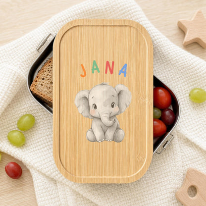 Personalisierte Brotdose mit Namen, Kinder Lunchbox Edelstahl mit Bambusdeckel, Tiermotiv Aquarell, Kita Einschulung Geschenk Geburtstag