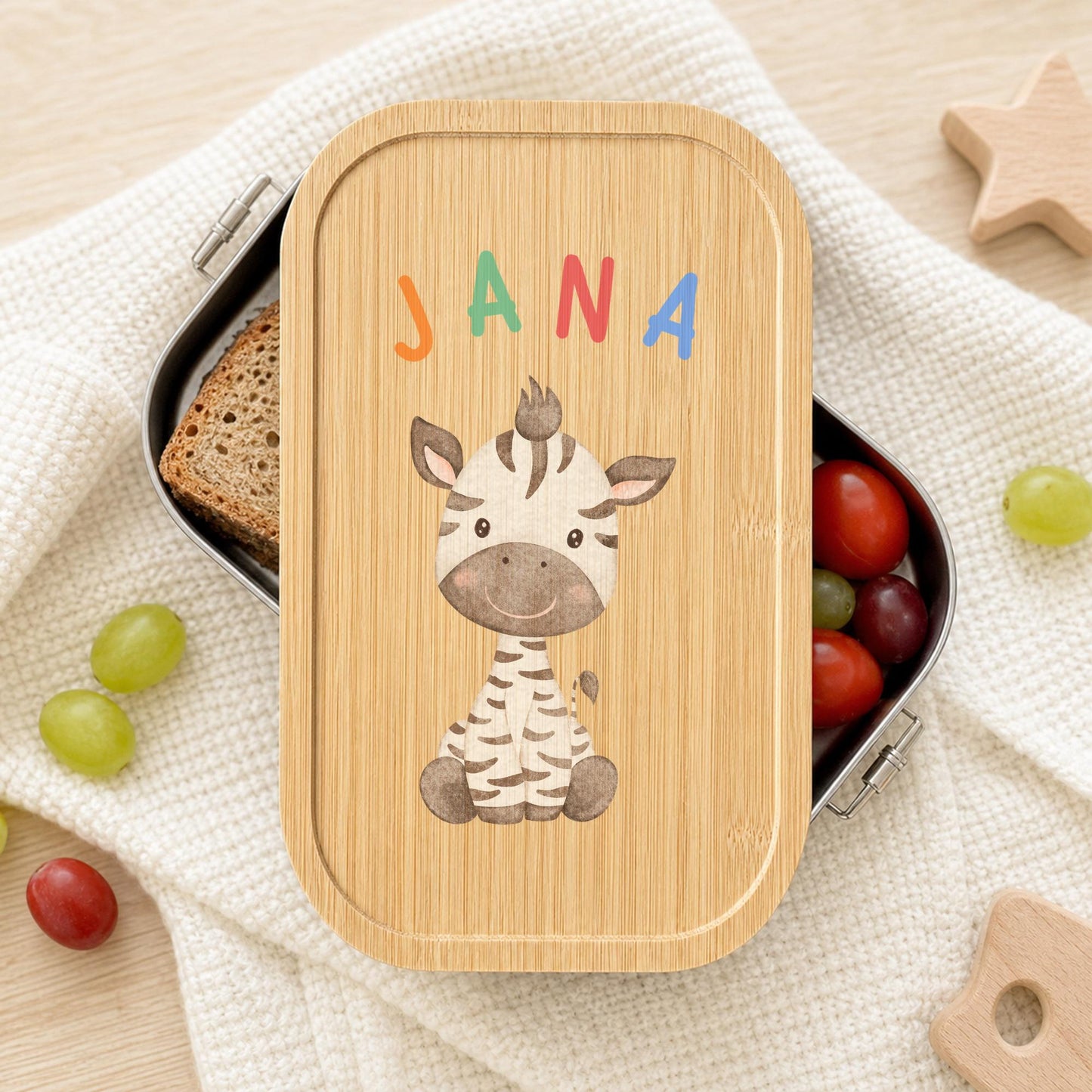 Personalisierte Brotdose mit Namen, Kinder Lunchbox Edelstahl mit Bambusdeckel, Tiermotiv Aquarell, Kita Einschulung Geschenk Geburtstag
