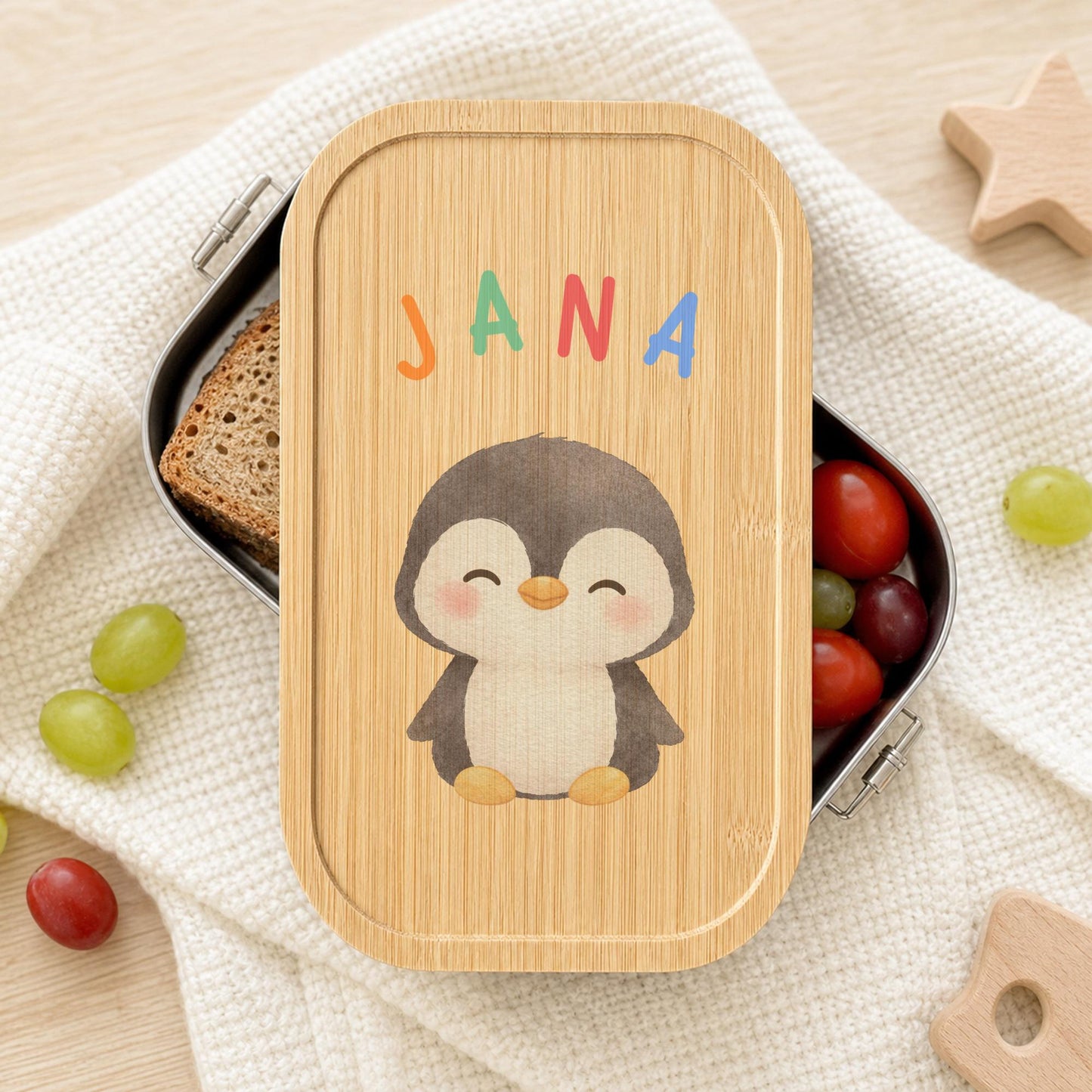 Personalisierte Brotdose mit Namen, Kinder Lunchbox Edelstahl mit Bambusdeckel, Tiermotiv Aquarell, Kita Einschulung Geschenk Geburtstag