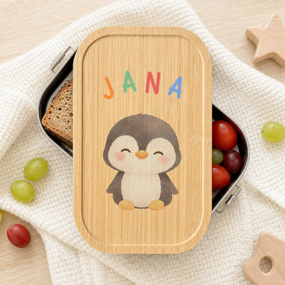 Personalisierte Brotdose mit Namen, Kinder Lunchbox Edelstahl mit Bambusdeckel, Tiermotiv Aquarell, Kita Einschulung Geschenk Geburtstag
