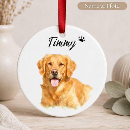 Personalisiertes Hunde Haustier Ornament Aquarell, Keramik Anhänger mit Foto Name & Text, Geschenk Hundebesitzer Erinnerung Weihnachten