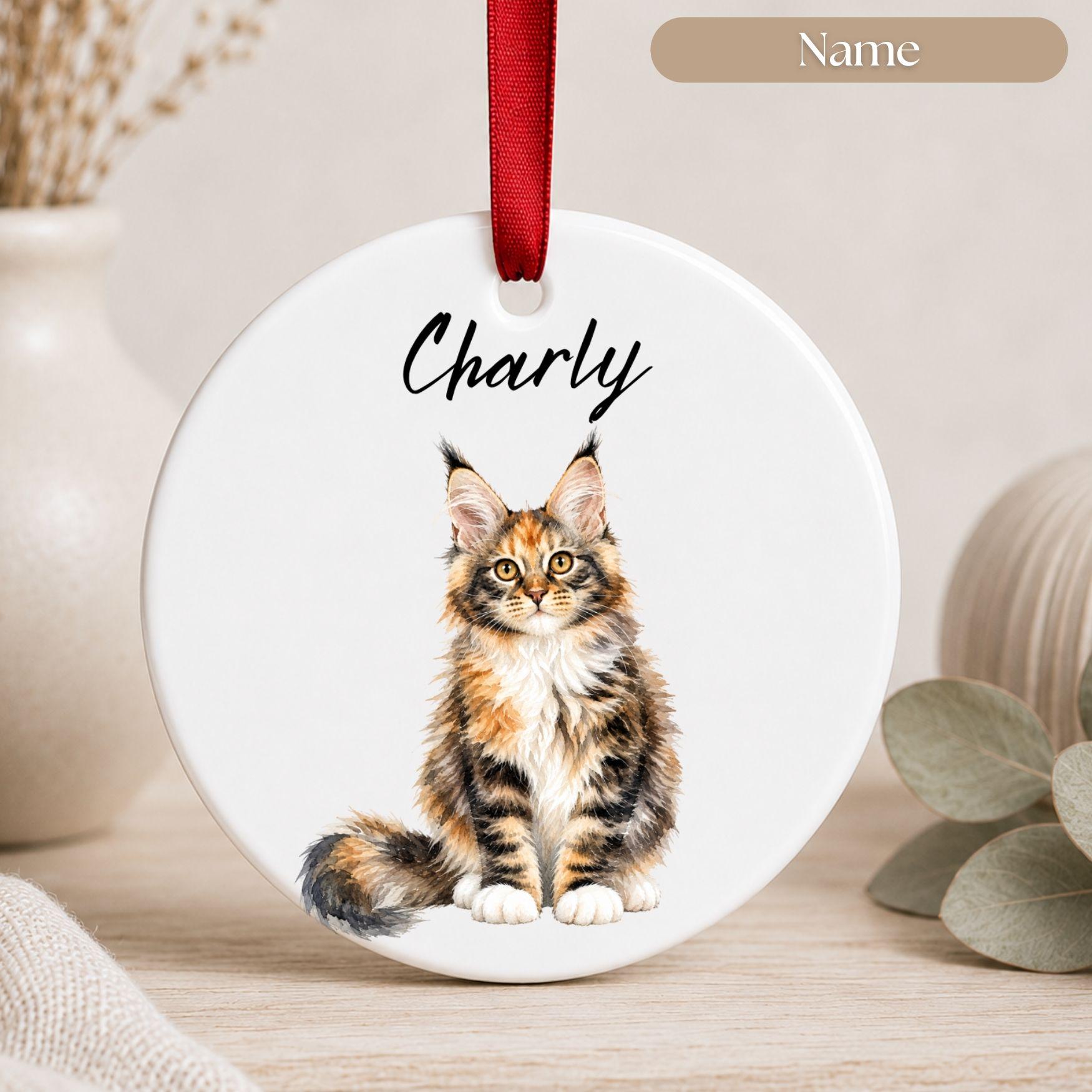 Personalisiertes Katzen Haustier Ornament Aquarell, Keramik Anhänger mit Foto Name & Text, Geschenk Katzenbesitzer Erinnerung Watercolor