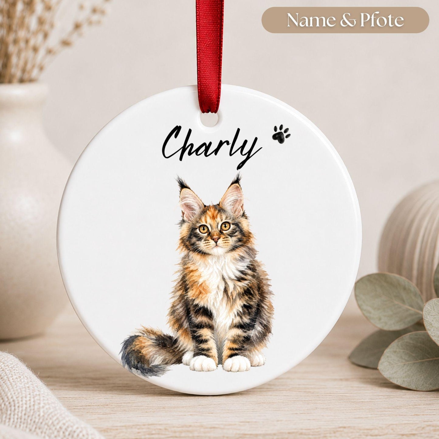Personalisiertes Katzen Haustier Ornament Aquarell, Keramik Anhänger mit Foto Name & Text, Geschenk Katzenbesitzer Erinnerung Watercolor