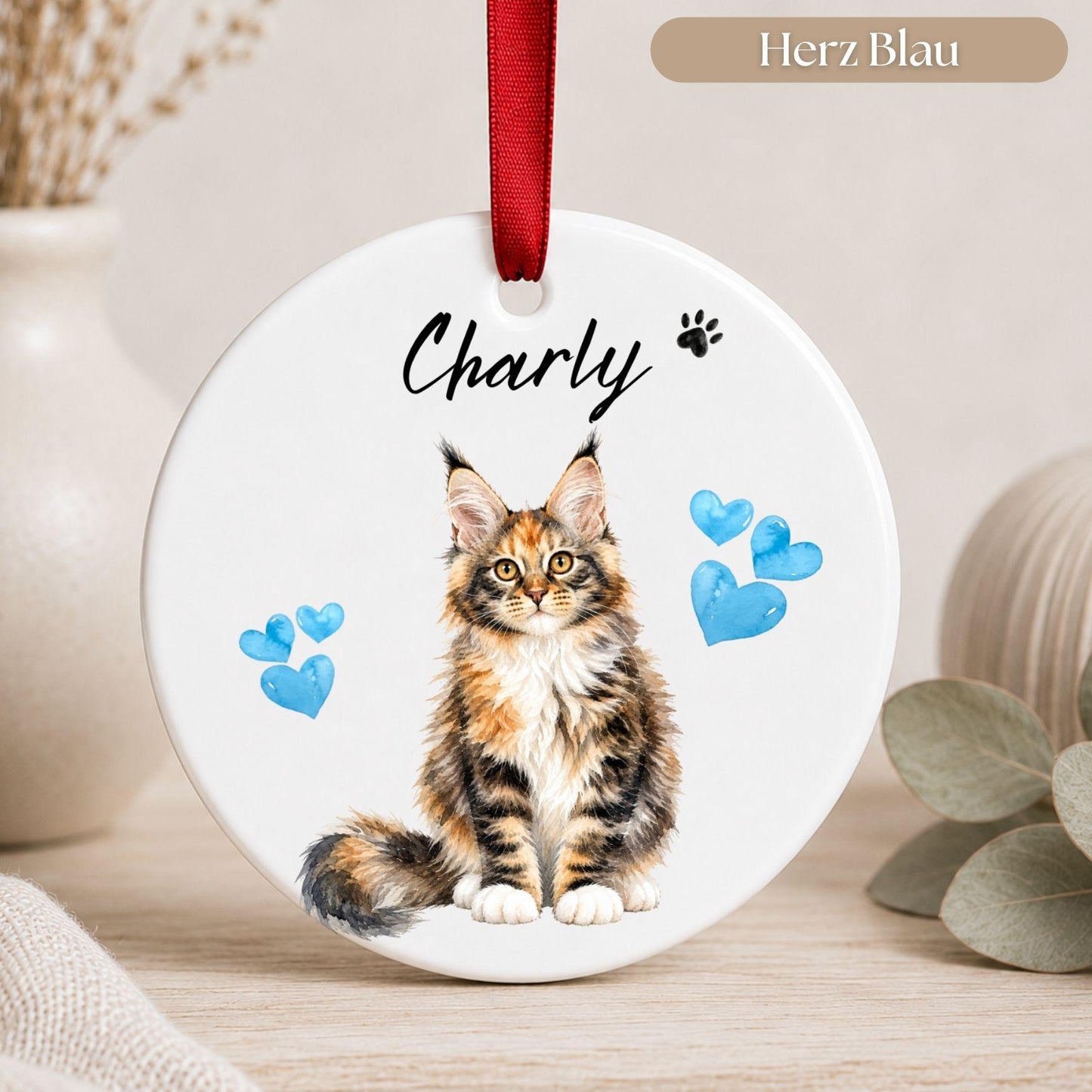 Personalisiertes Katzen Haustier Ornament Aquarell, Keramik Anhänger mit Foto Name & Text, Geschenk Katzenbesitzer Erinnerung Watercolor