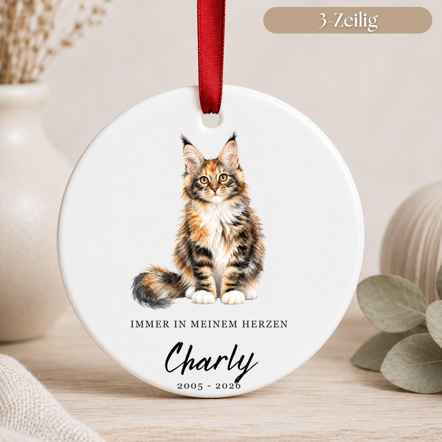 Personalisiertes Katzen Haustier Ornament Aquarell, Keramik Anhänger mit Foto Name & Text, Geschenk Katzenbesitzer Erinnerung Watercolor