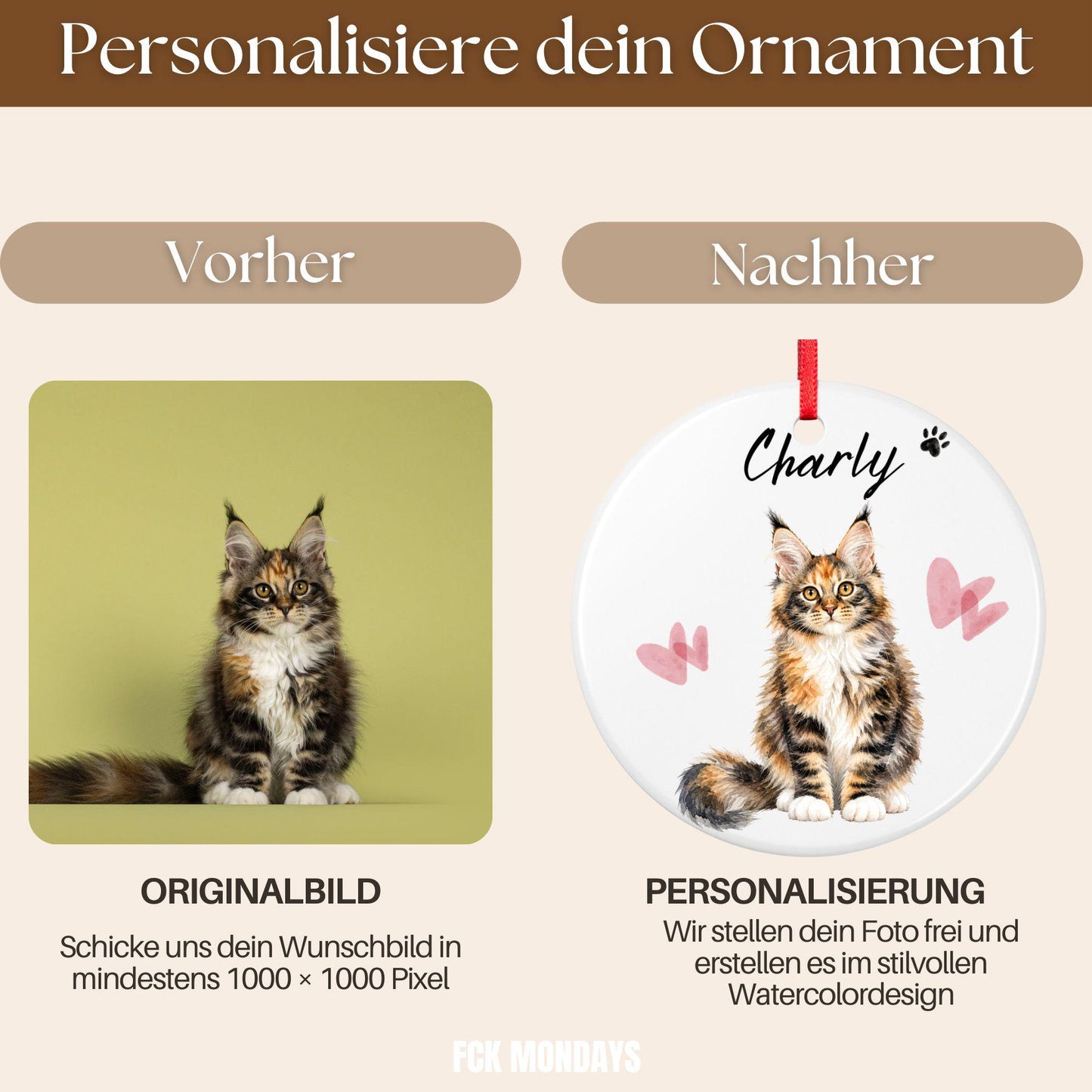 Personalisiertes Katzen Haustier Ornament Aquarell, Keramik Anhänger mit Foto Name & Text, Geschenk Katzenbesitzer Erinnerung Watercolor