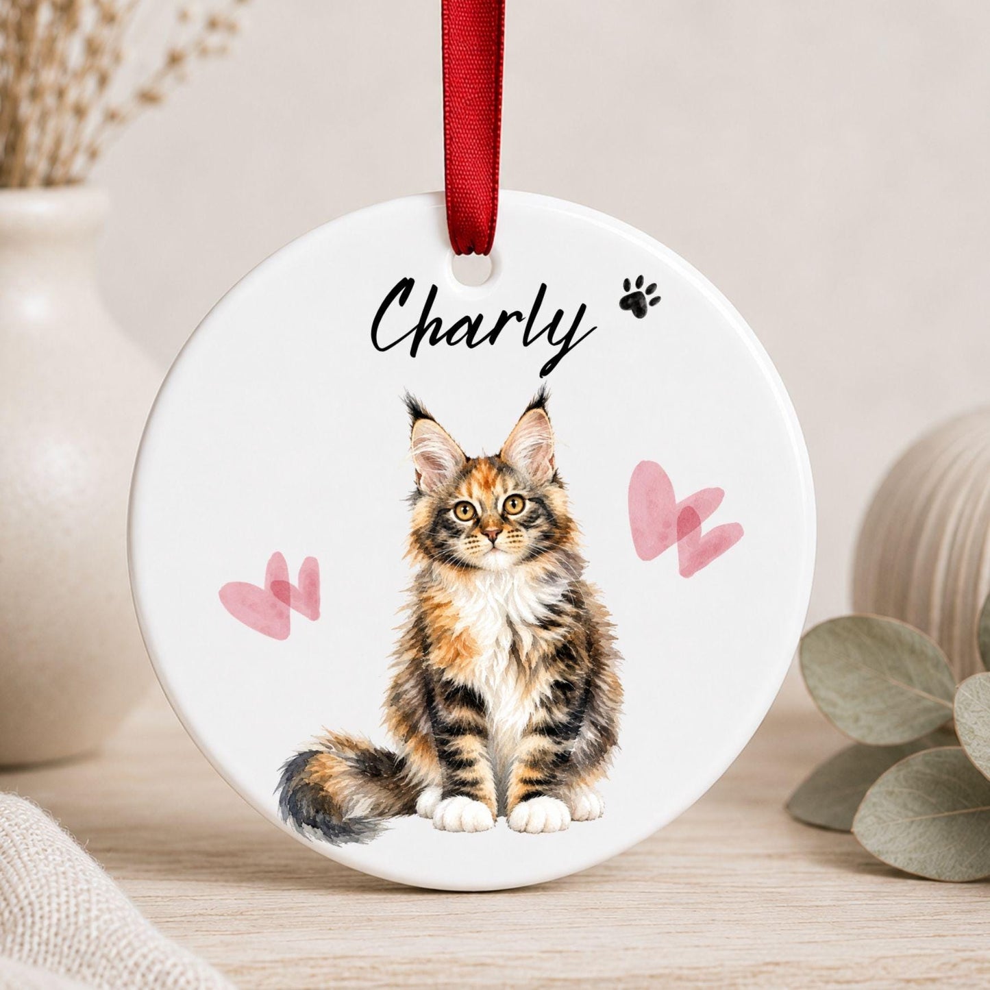 Personalisiertes Katzen Haustier Ornament Aquarell, Keramik Anhänger mit Foto Name & Text, Geschenk Katzenbesitzer Erinnerung Watercolor