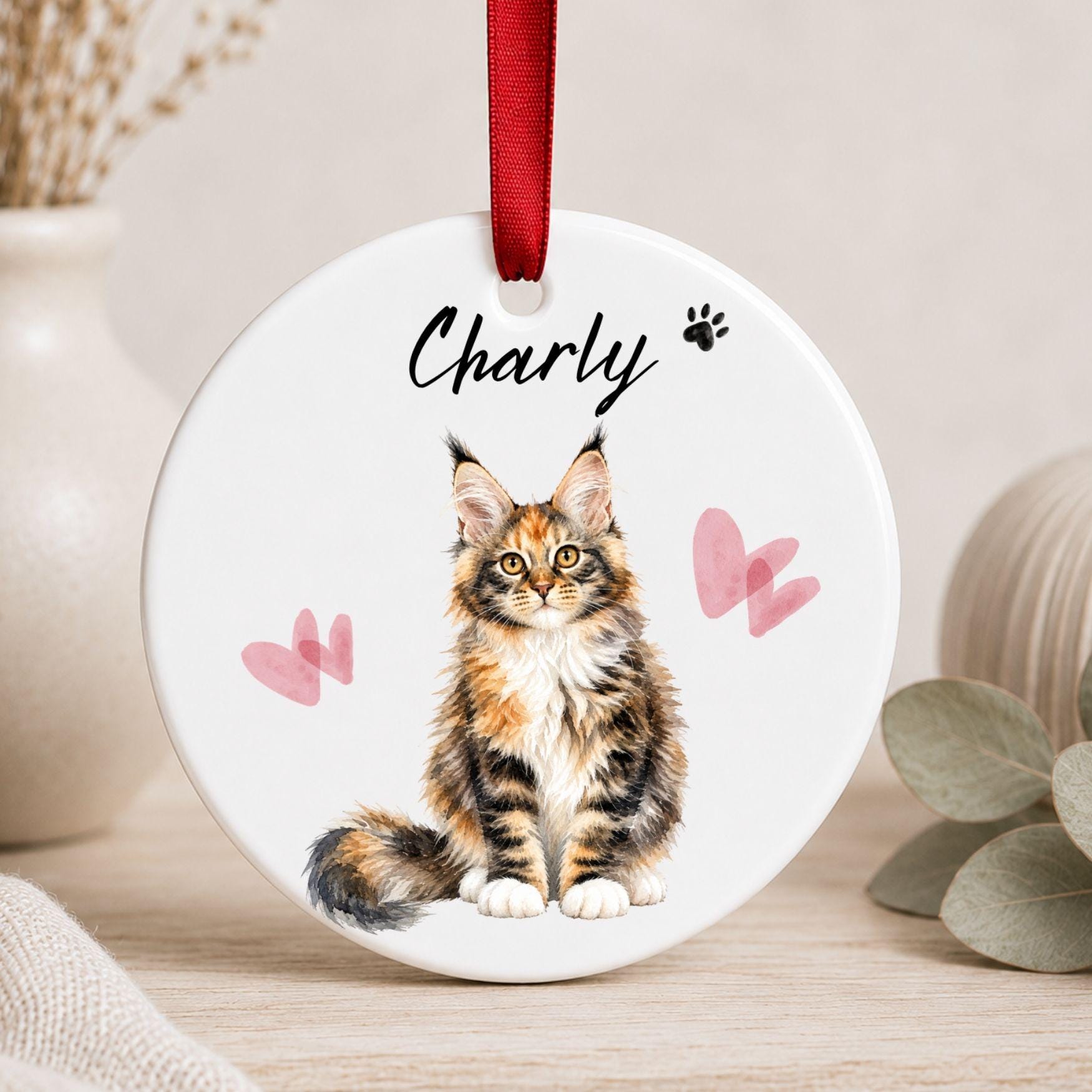 Personalisiertes Katzen Haustier Ornament Aquarell, Keramik Anhänger mit Foto Name & Text, Geschenk Katzenbesitzer Erinnerung Watercolor