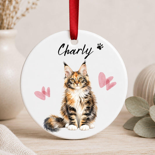 Personalisiertes Katzen Haustier Ornament Aquarell, Keramik Anhänger mit Foto Name & Text, Geschenk Katzenbesitzer Erinnerung Watercolor