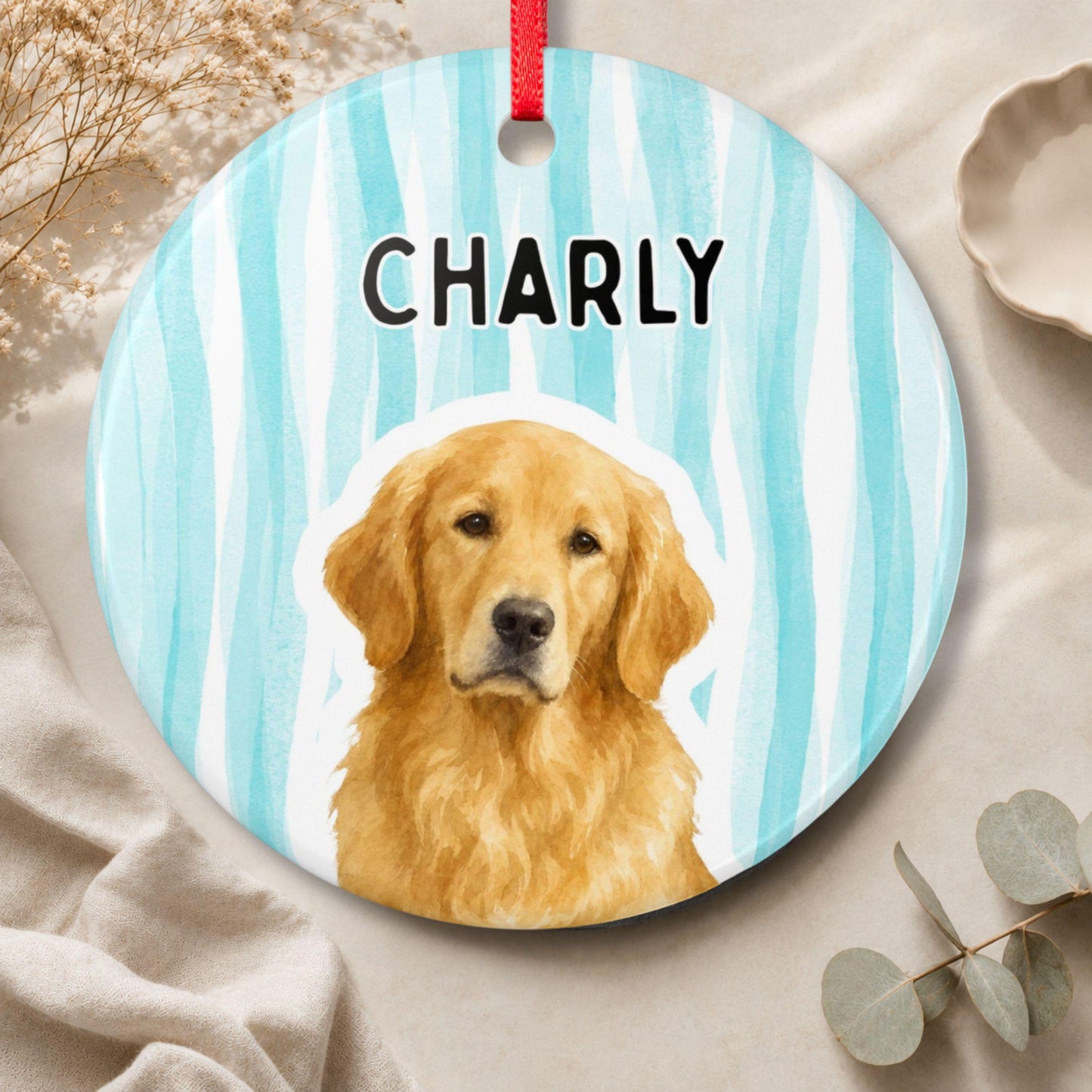 Personalisiertes Haustier Ornament Aquarell Streifen, Keramik Anhänger mit Foto & Name, Geschenk für Tierbesitzer Hundehalter Weihnachten