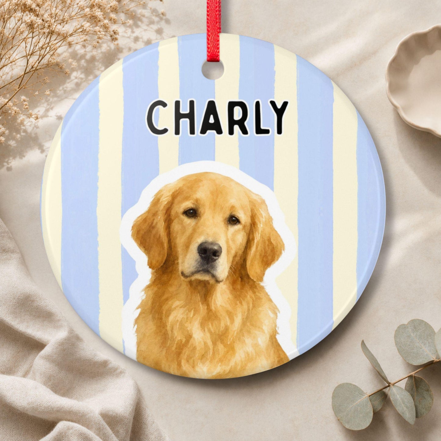 Personalisiertes Haustier Ornament Aquarell Streifen, Keramik Anhänger mit Foto & Name, Geschenk für Tierbesitzer Hundehalter Weihnachten