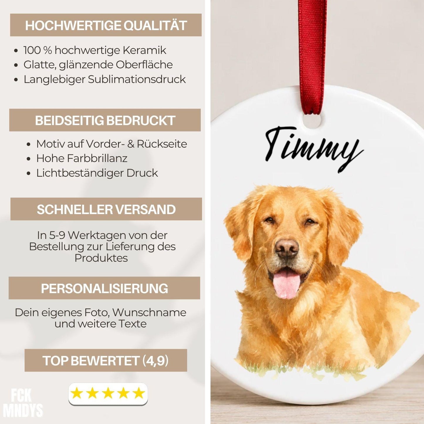 Personalisiertes Hunde Haustier Ornament Aquarell, Keramik Anhänger mit Foto Name & Text, Geschenk Hundebesitzer Erinnerung Weihnachten