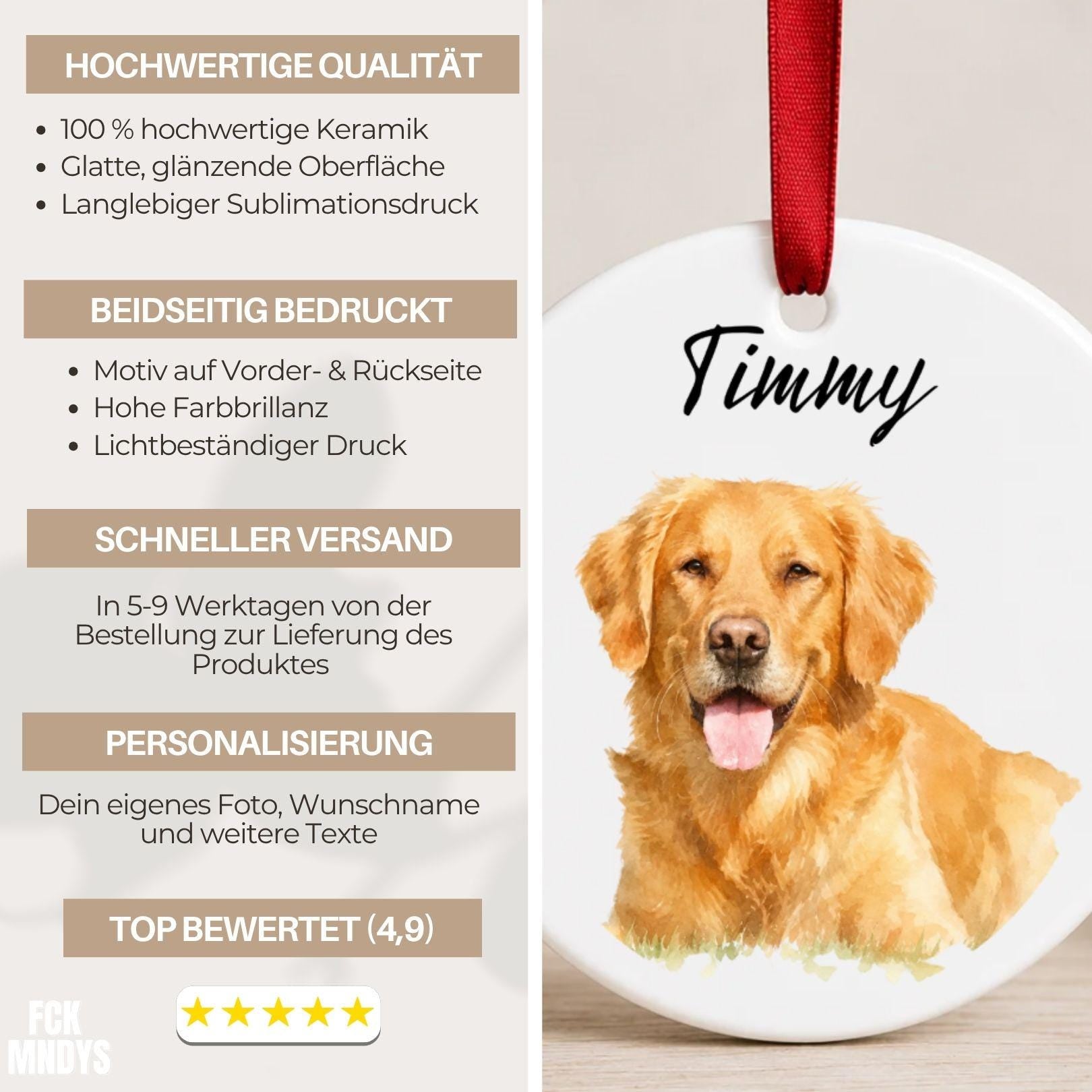 Personalisiertes Hunde Haustier Ornament Aquarell, Keramik Anhänger mit Foto Name & Text, Geschenk Hundebesitzer Erinnerung Weihnachten
