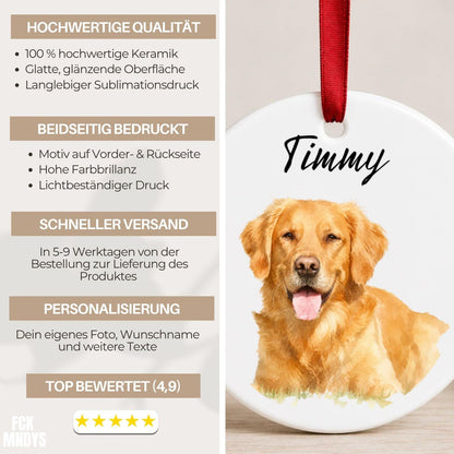 Personalisiertes Hunde Haustier Ornament Aquarell, Keramik Anhänger mit Foto Name & Text, Geschenk Hundebesitzer Erinnerung Weihnachten