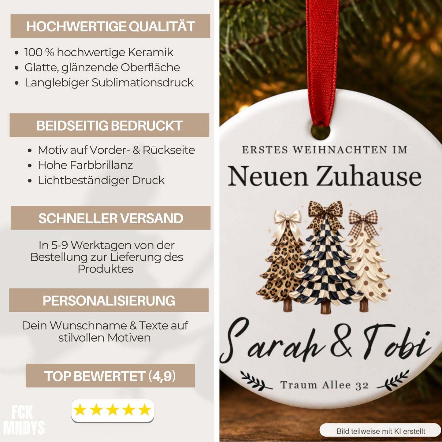 Personalisierter Weihnachtsanhänger Neues Zuhause, Keramik Ornament mit Namen & Adresse, Erstes Weihnachten Geschenk