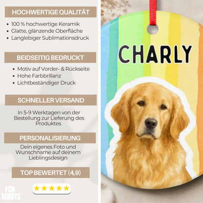 Personalisiertes Haustier Ornament Aquarell Streifen, Keramik Anhänger mit Foto & Name, Geschenk für Tierbesitzer Hundehalter Weihnachten