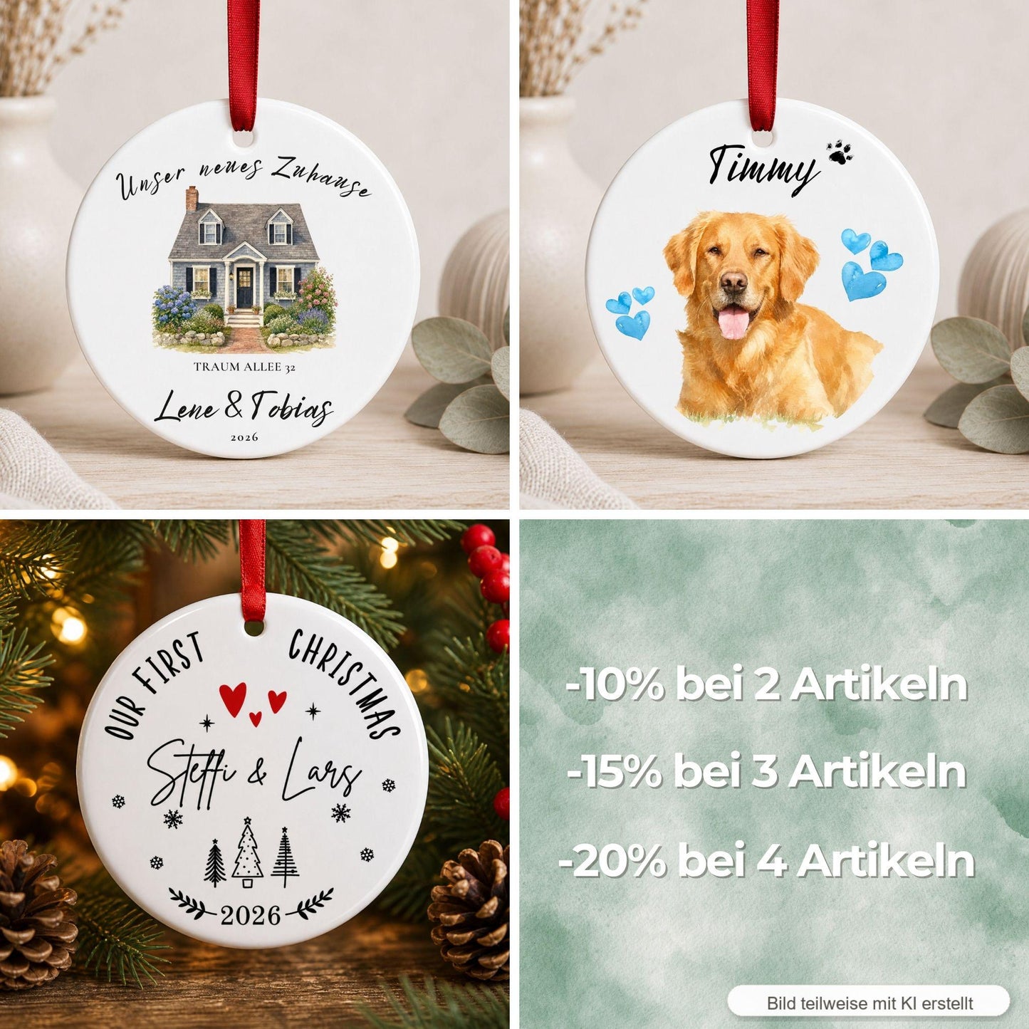 Personalisiertes Haustier Ornament Aquarell Streifen, Keramik Anhänger mit Foto & Name, Geschenk für Tierbesitzer Hundehalter Weihnachten