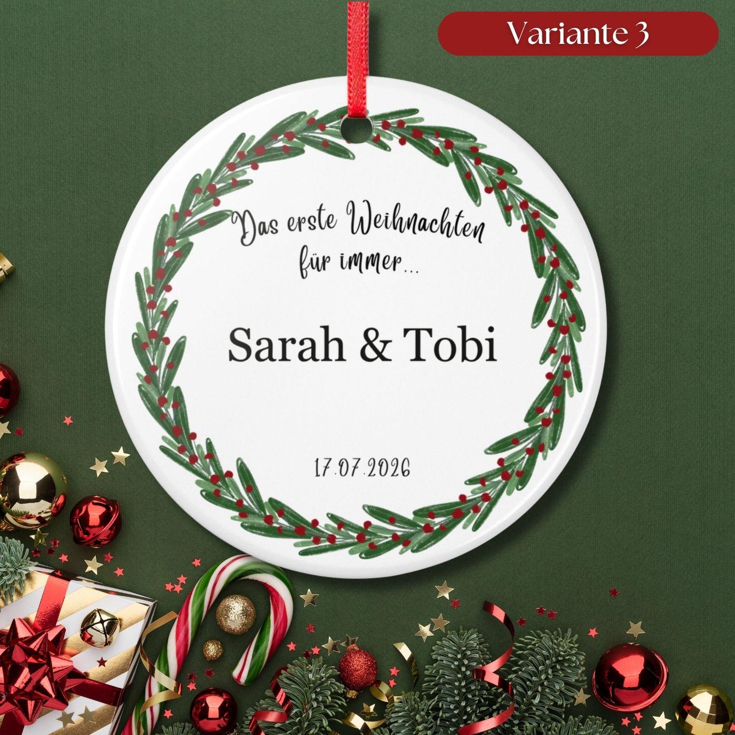 Personalisiertes First Christmas Ornament für Paare, Keramik Weihnachtsanhänger mit Namen & Datum, erstes Weihnachten frisch verheiratet