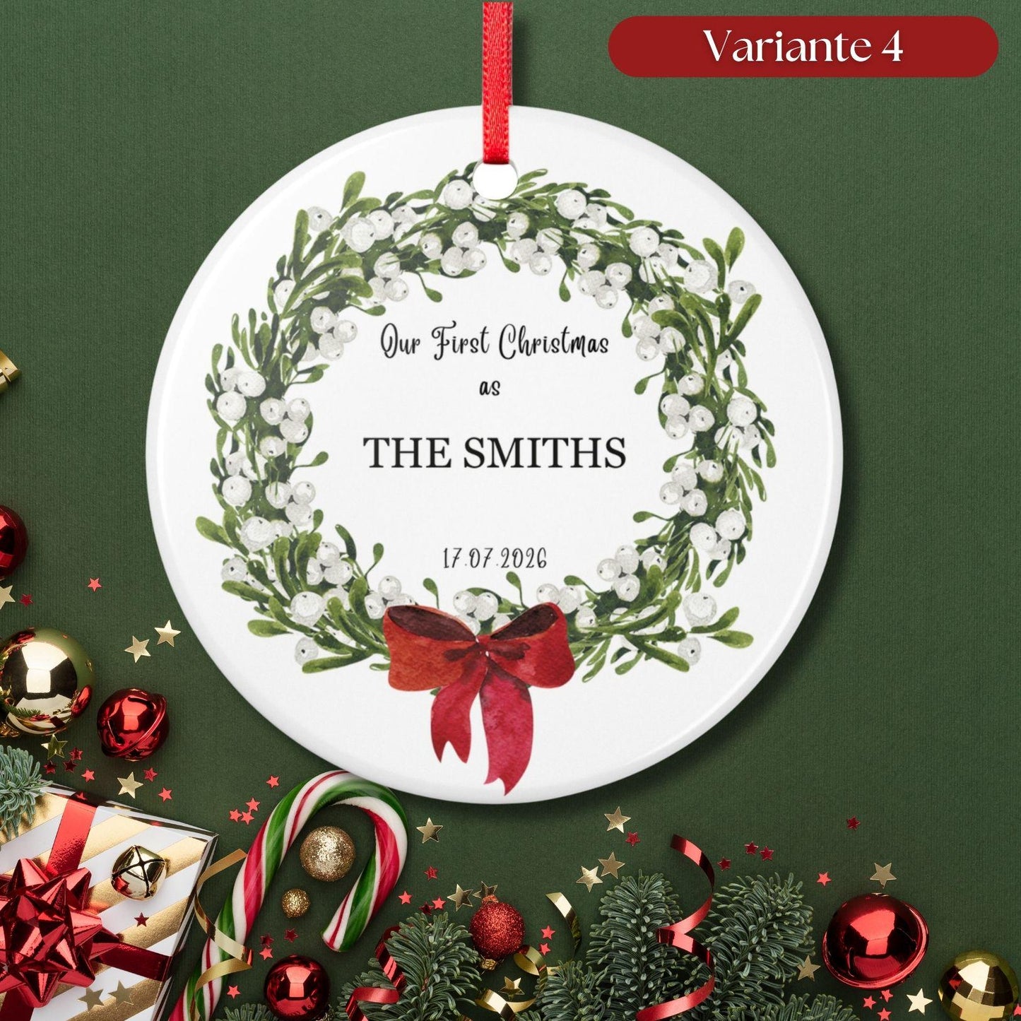 Personalisiertes First Christmas Ornament für Paare, Keramik Weihnachtsanhänger mit Namen & Datum, erstes Weihnachten frisch verheiratet