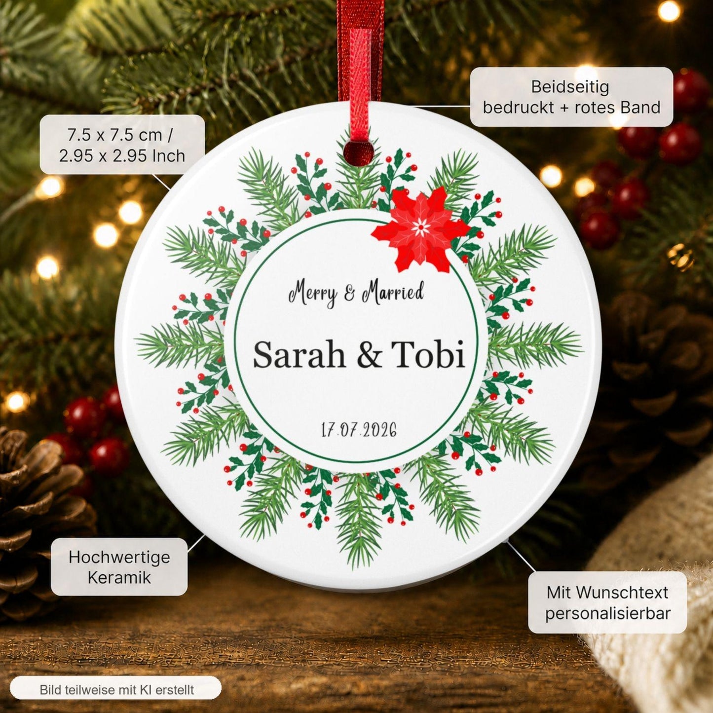 Personalisiertes First Christmas Ornament für Paare, Keramik Weihnachtsanhänger mit Namen & Datum, erstes Weihnachten frisch verheiratet