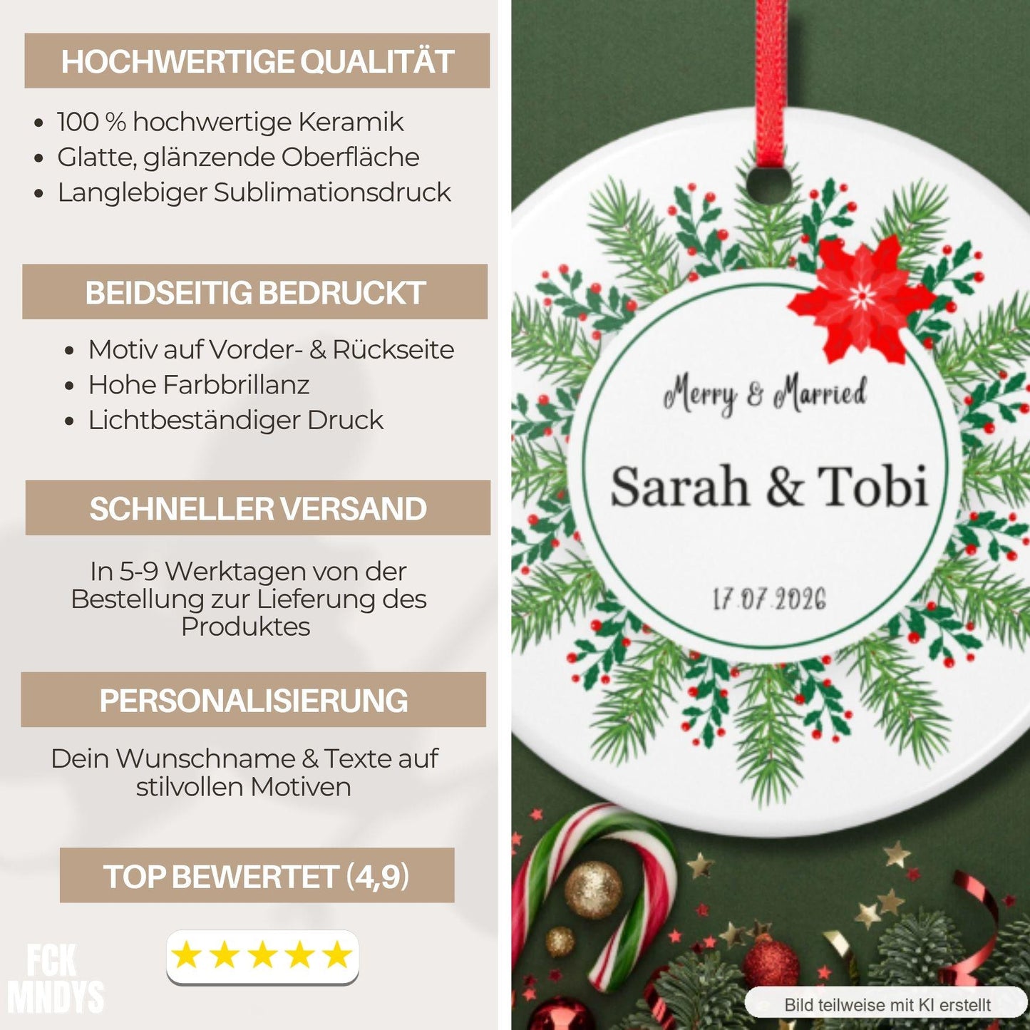 Personalisiertes First Christmas Ornament für Paare, Keramik Weihnachtsanhänger mit Namen & Datum, erstes Weihnachten frisch verheiratet
