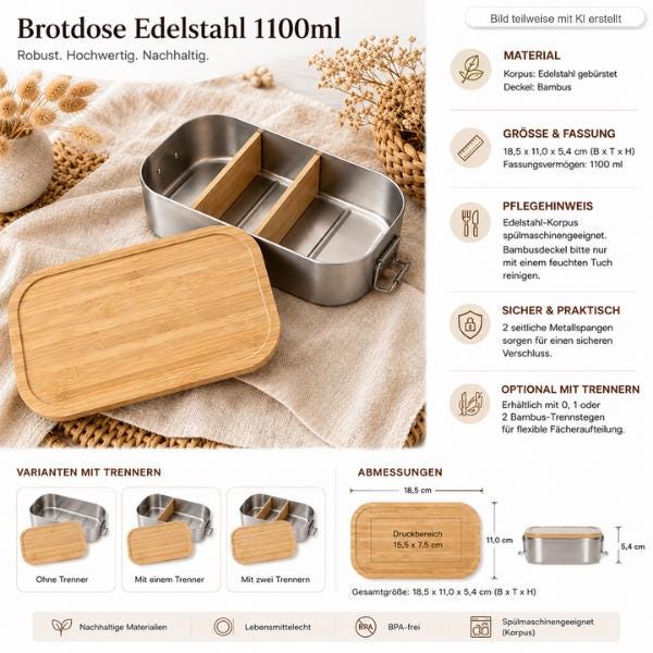Personalisierte Dino Brotdose mit Namen, Edelstahl Lunchbox mit Bambusdeckel, 5 Dino Motive, Kinder Brotdose mit Trenner Einschulung