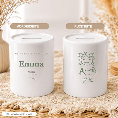 Personalisierte Kinder Spardose mit Sternzeichen, Name und Datum, Geschenk zur Geburt Taufe Geburtstag, erste Spardose Baby Mädchen Junge