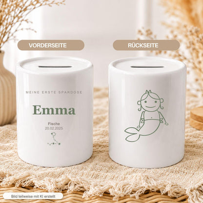 Personalisierte Kinder Spardose mit Sternzeichen, Name und Datum, Geschenk zur Geburt Taufe Geburtstag, erste Spardose Baby Mädchen Junge