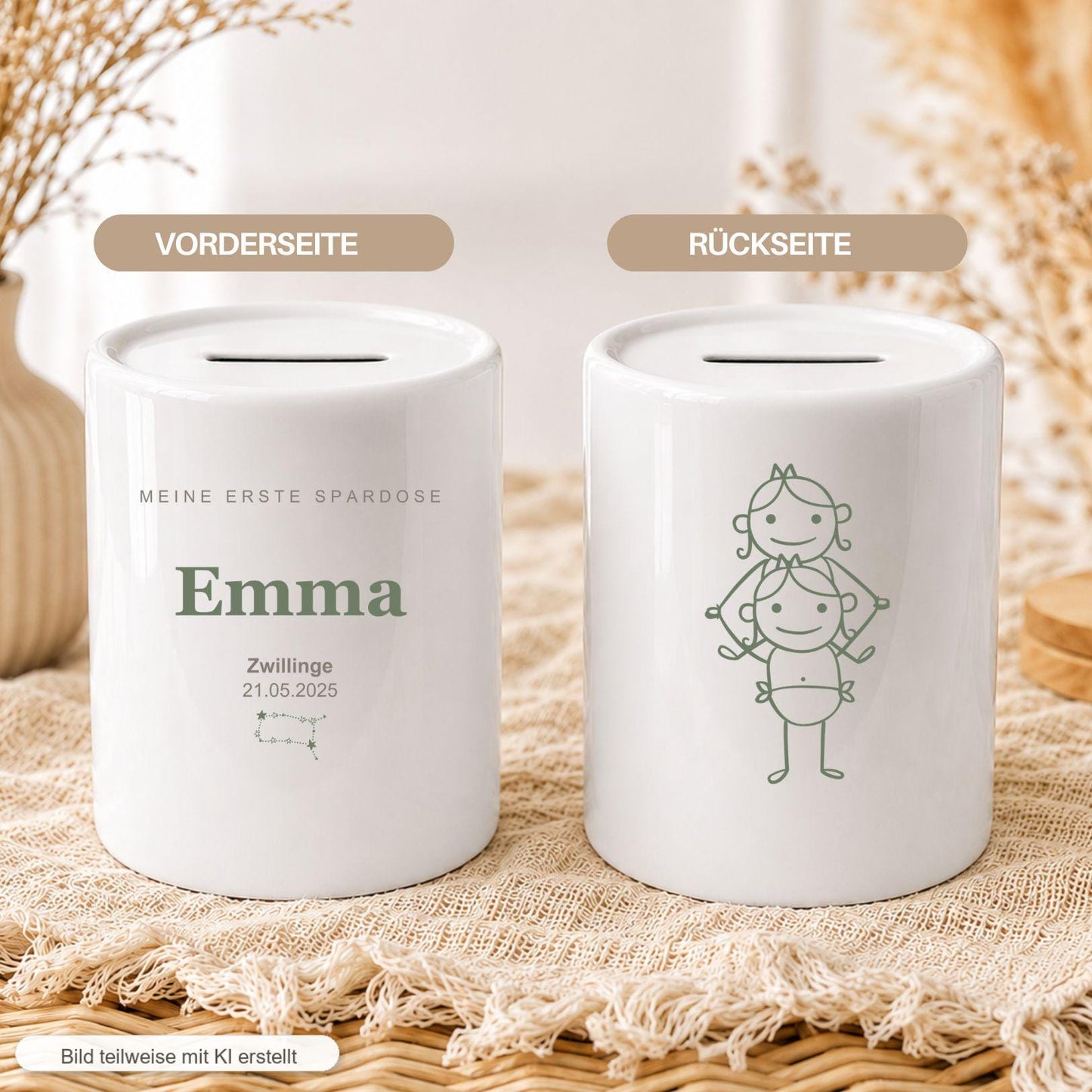 Personalisierte Kinder Spardose mit Sternzeichen, Name und Datum, Geschenk zur Geburt Taufe Geburtstag, erste Spardose Baby Mädchen Junge