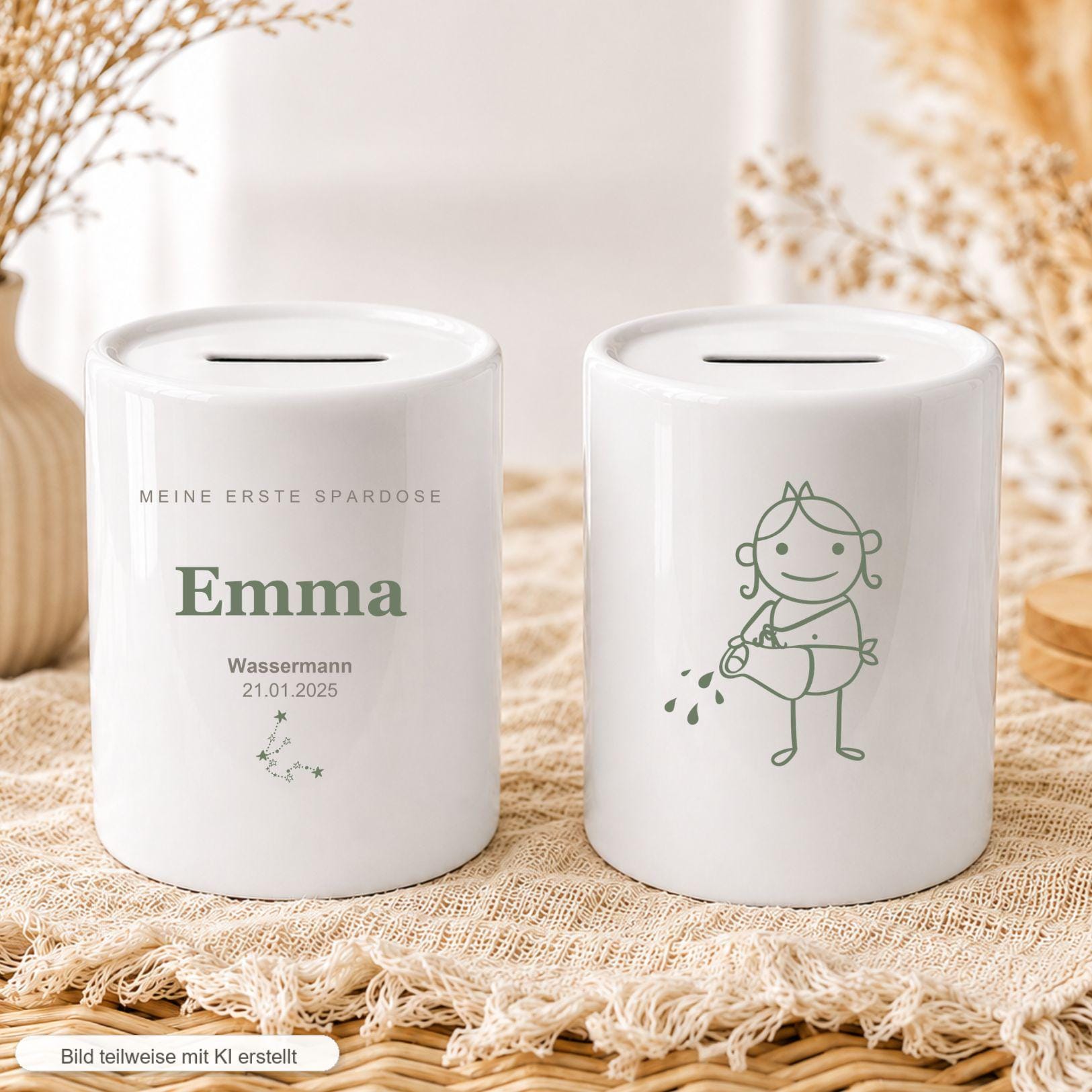 Personalisierte Kinder Spardose mit Sternzeichen, Name und Datum, Geschenk zur Geburt Taufe Geburtstag, erste Spardose Baby Mädchen Junge