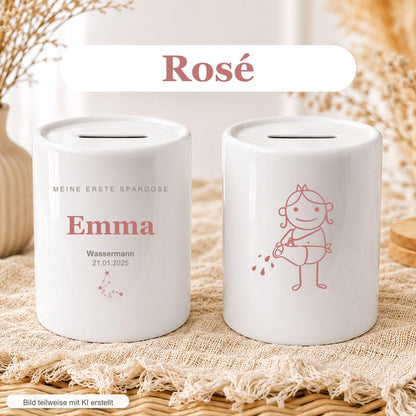 Personalisierte Kinder Spardose mit Sternzeichen, Name und Datum, Geschenk zur Geburt Taufe Geburtstag, erste Spardose Baby Mädchen Junge