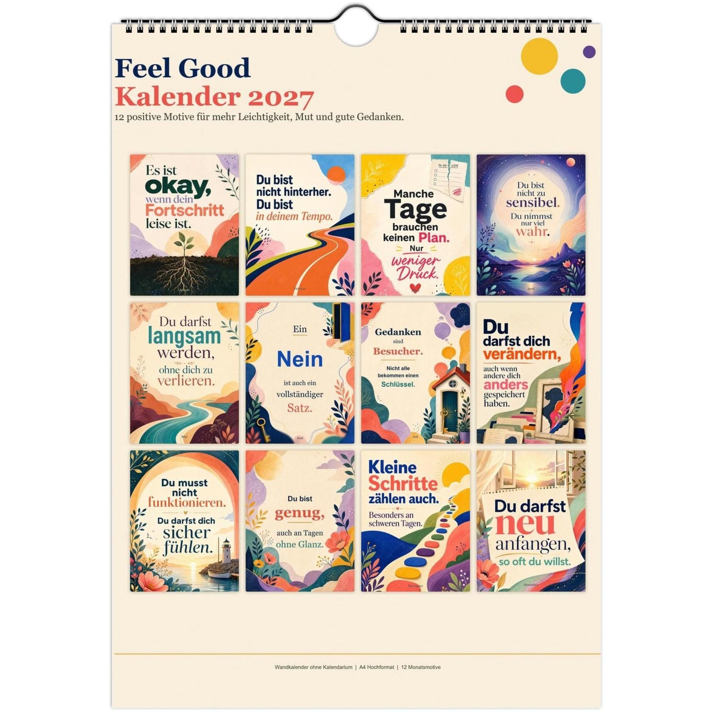 Feel Good Kalender 2027 A4 A3 Hochformat | Positive Sprüche Wandkalender ohne Kalendarium | Mental Health Selfcare Geschenk Achtsamkeit