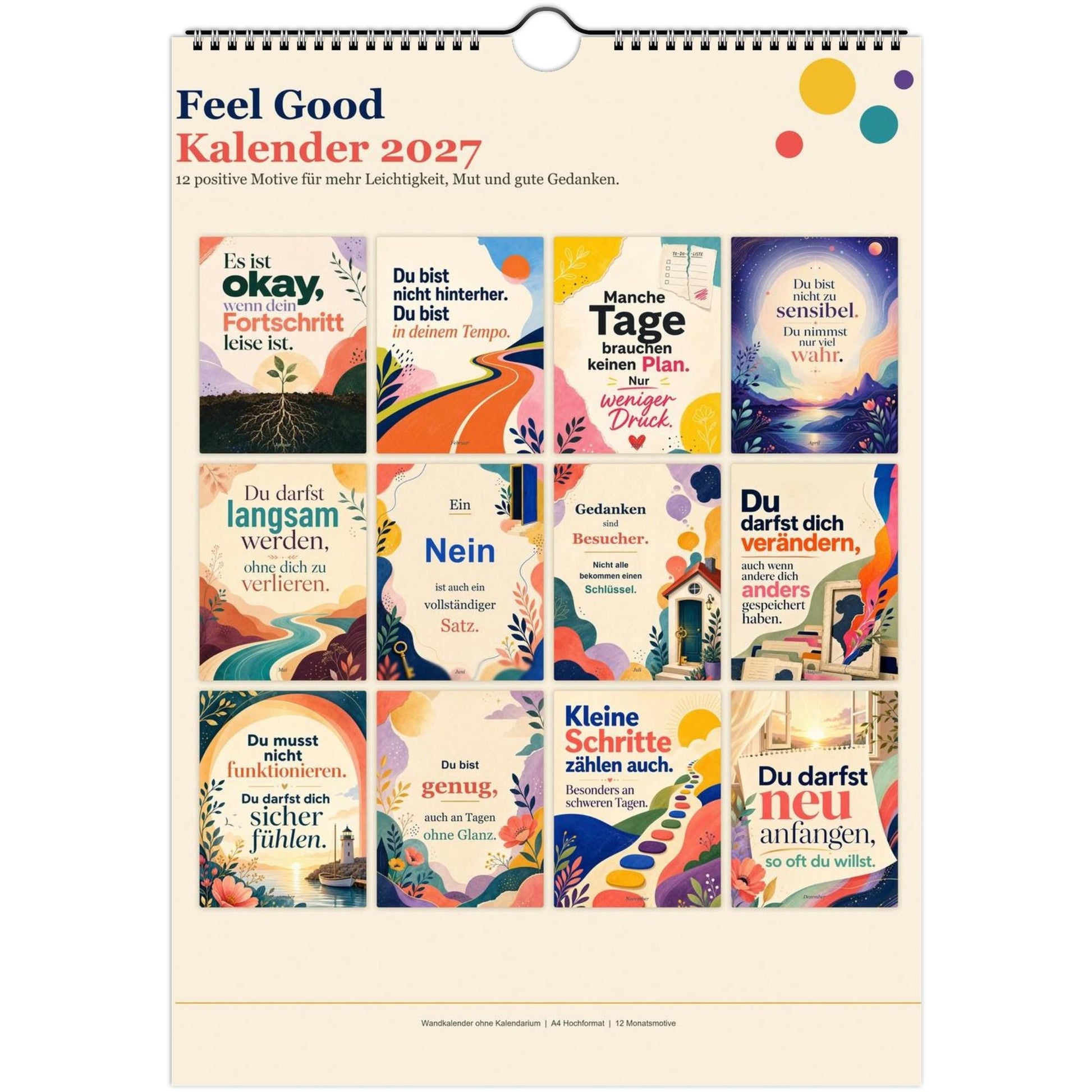 Feel Good Kalender 2027 A4 A3 Hochformat | Positive Sprüche Wandkalender ohne Kalendarium | Mental Health Selfcare Geschenk Achtsamkeit