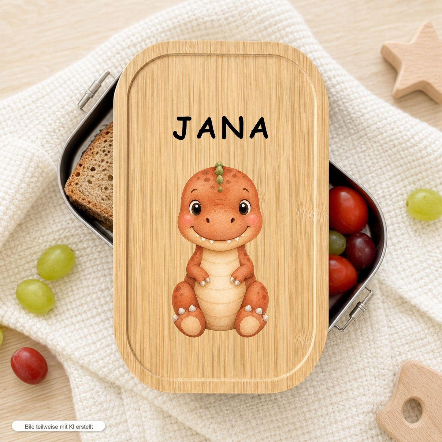 Personalisierte Dino Brotdose mit Namen, Edelstahl Lunchbox mit Bambusdeckel, 5 Dino Motive, Kinder Brotdose mit Trenner Einschulung