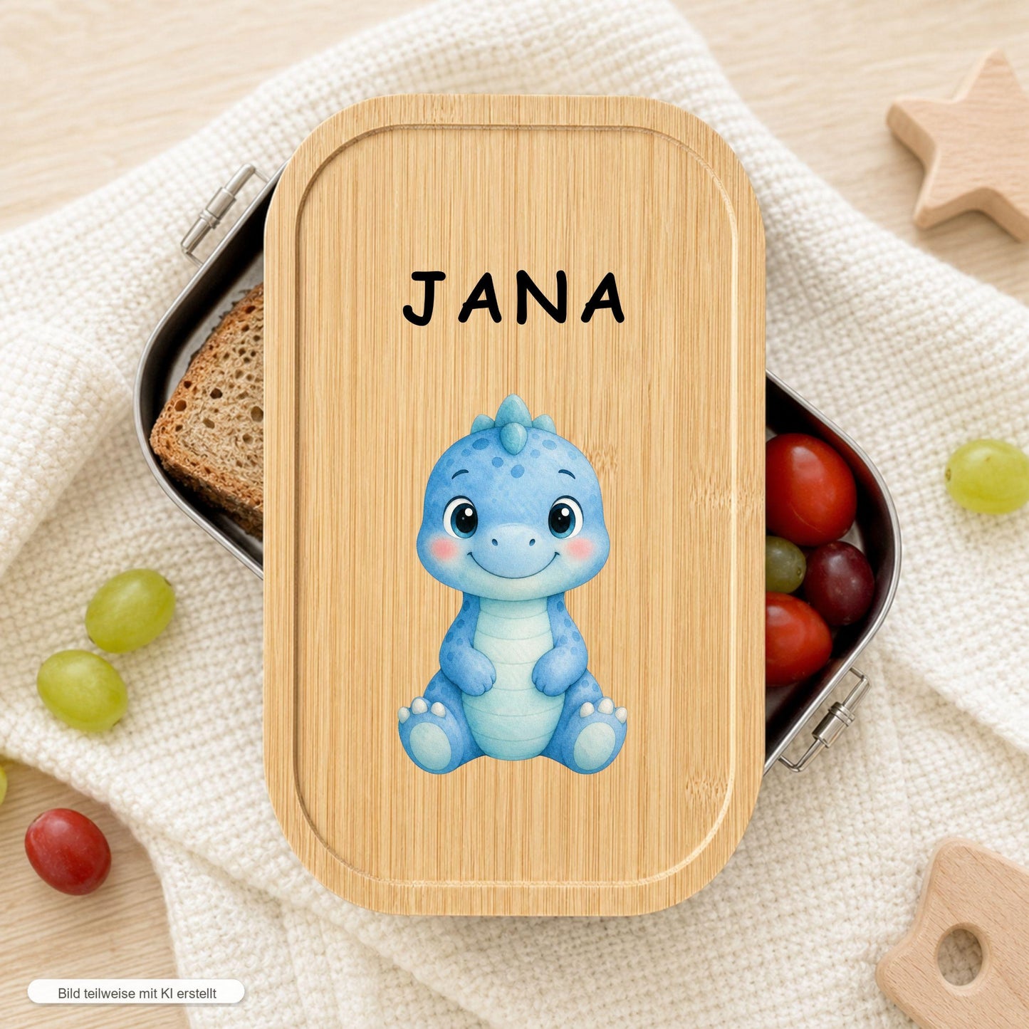 Personalisierte Dino Brotdose mit Namen, Edelstahl Lunchbox mit Bambusdeckel, 5 Dino Motive, Kinder Brotdose mit Trenner Einschulung