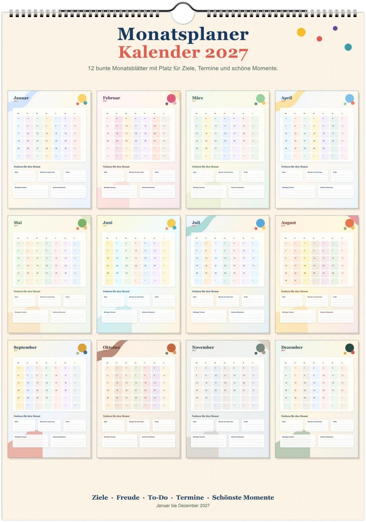 Monatsplaner Kalender 2027 A4 A3 Wandkalender bunt | Kalender mit Notizen | Jahresplaner Geschenk Büro Familie Termine Ziele Notizen ToDos