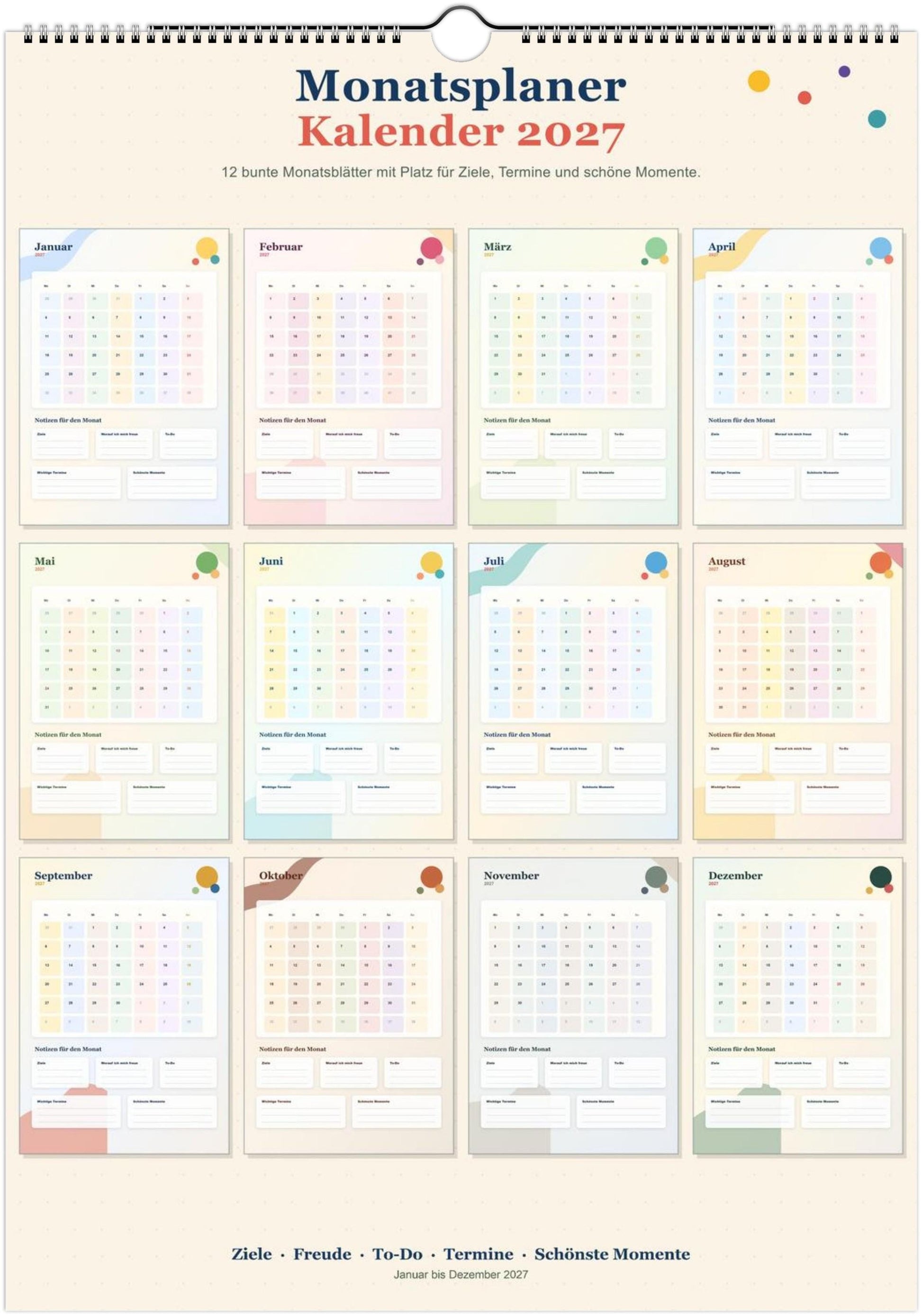 Monatsplaner Kalender 2027 A4 A3 Wandkalender bunt | Kalender mit Notizen | Jahresplaner Geschenk Büro Familie Termine Ziele Notizen ToDos