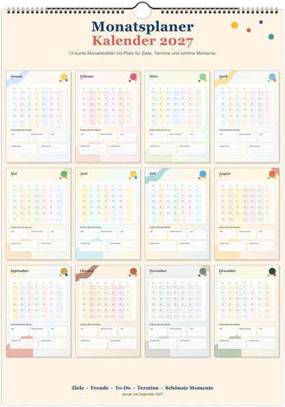 Monatsplaner Kalender 2027 A4 A3 Wandkalender bunt | Kalender mit Notizen | Jahresplaner Geschenk Büro Familie Termine Ziele Notizen ToDos