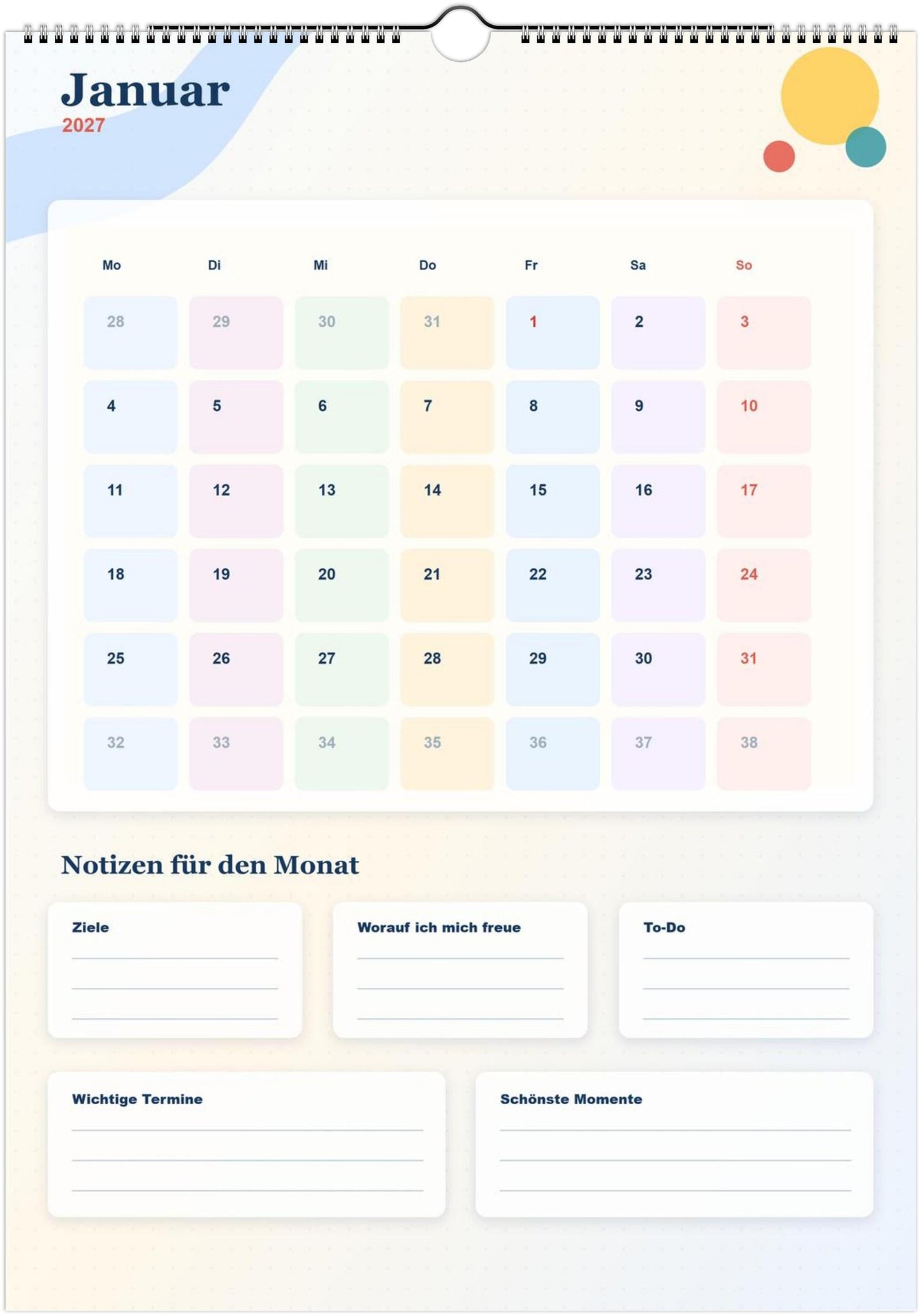 Monatsplaner Kalender 2027 A4 A3 Wandkalender bunt | Kalender mit Notizen | Jahresplaner Geschenk Büro Familie Termine Ziele Notizen ToDos