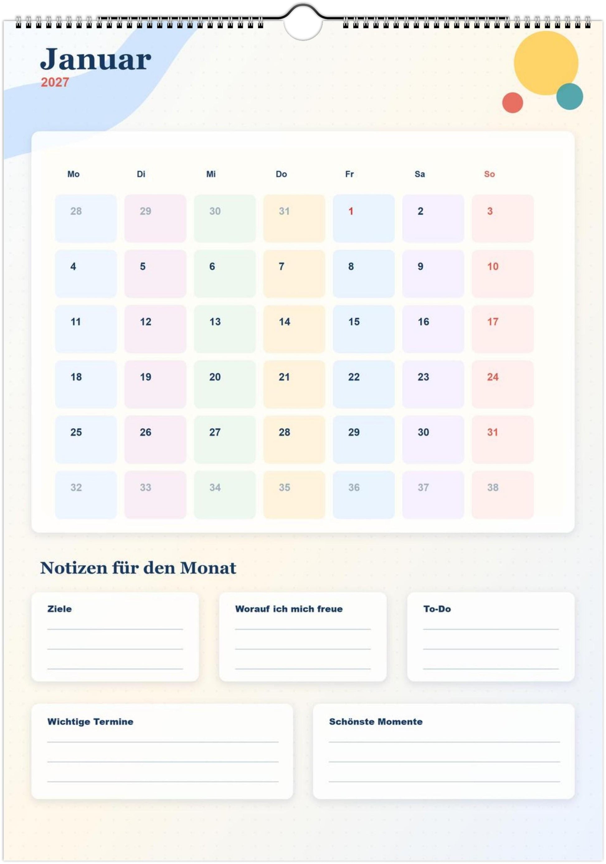 Monatsplaner Kalender 2027 A4 A3 Wandkalender bunt | Kalender mit Notizen | Jahresplaner Geschenk Büro Familie Termine Ziele Notizen ToDos
