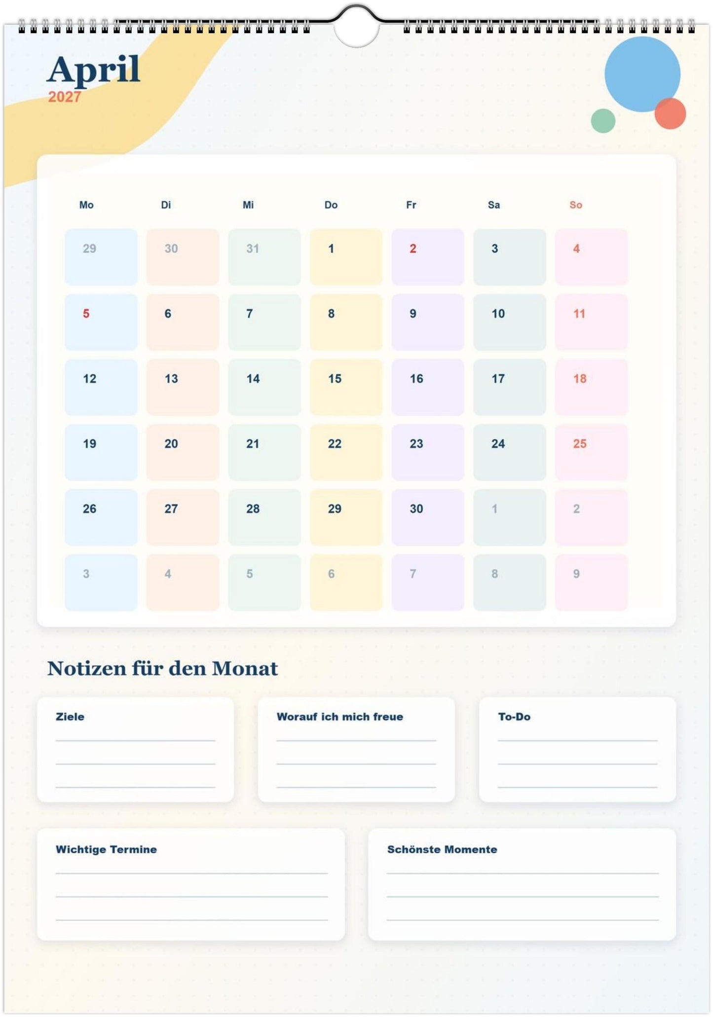 Monatsplaner Kalender 2027 A4 A3 Wandkalender bunt | Kalender mit Notizen | Jahresplaner Geschenk Büro Familie Termine Ziele Notizen ToDos