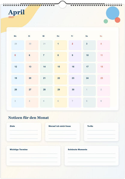 Monatsplaner Kalender 2027 A4 A3 Wandkalender bunt | Kalender mit Notizen | Jahresplaner Geschenk Büro Familie Termine Ziele Notizen ToDos