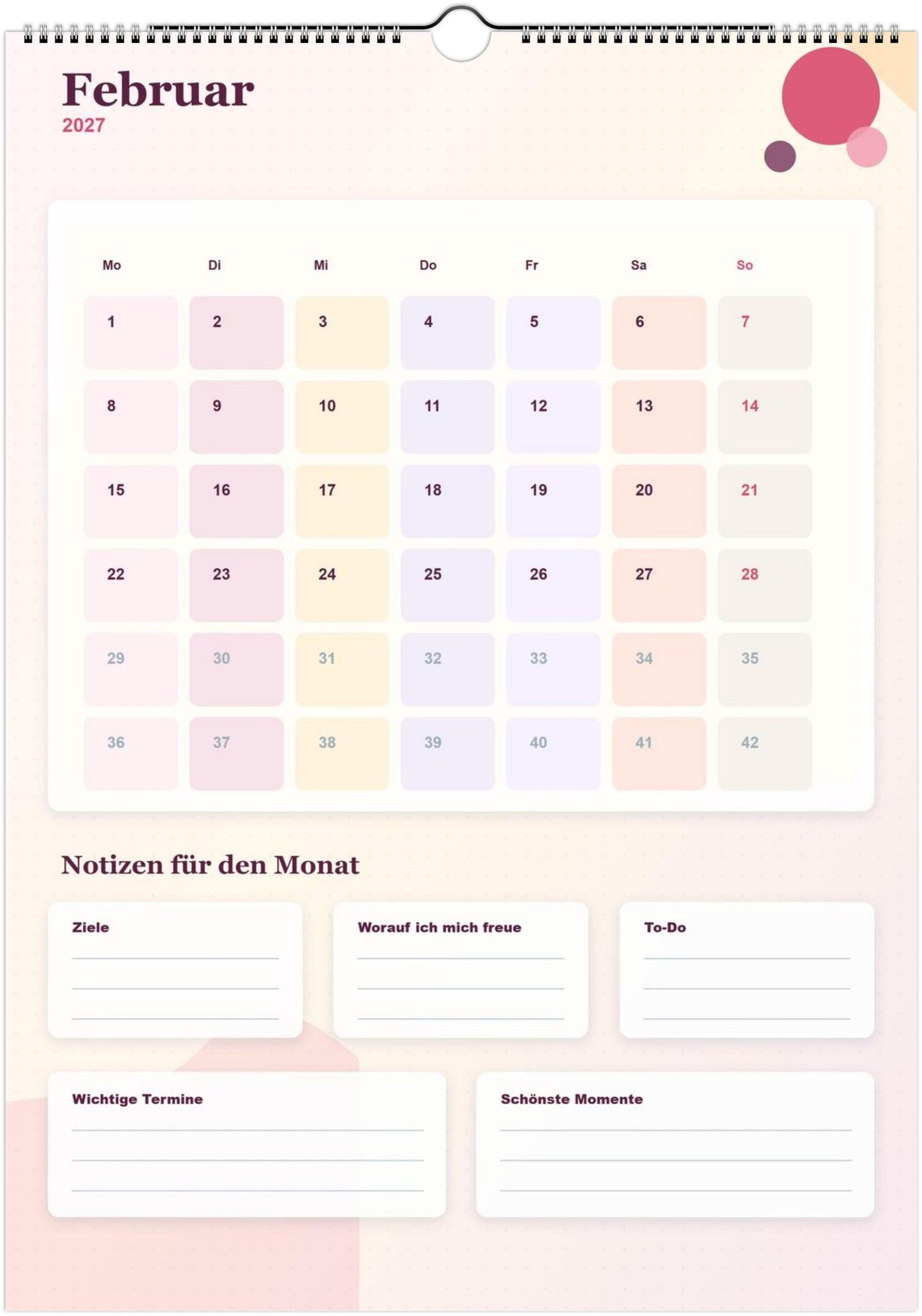 Monatsplaner Kalender 2027 A4 A3 Wandkalender bunt | Kalender mit Notizen | Jahresplaner Geschenk Büro Familie Termine Ziele Notizen ToDos