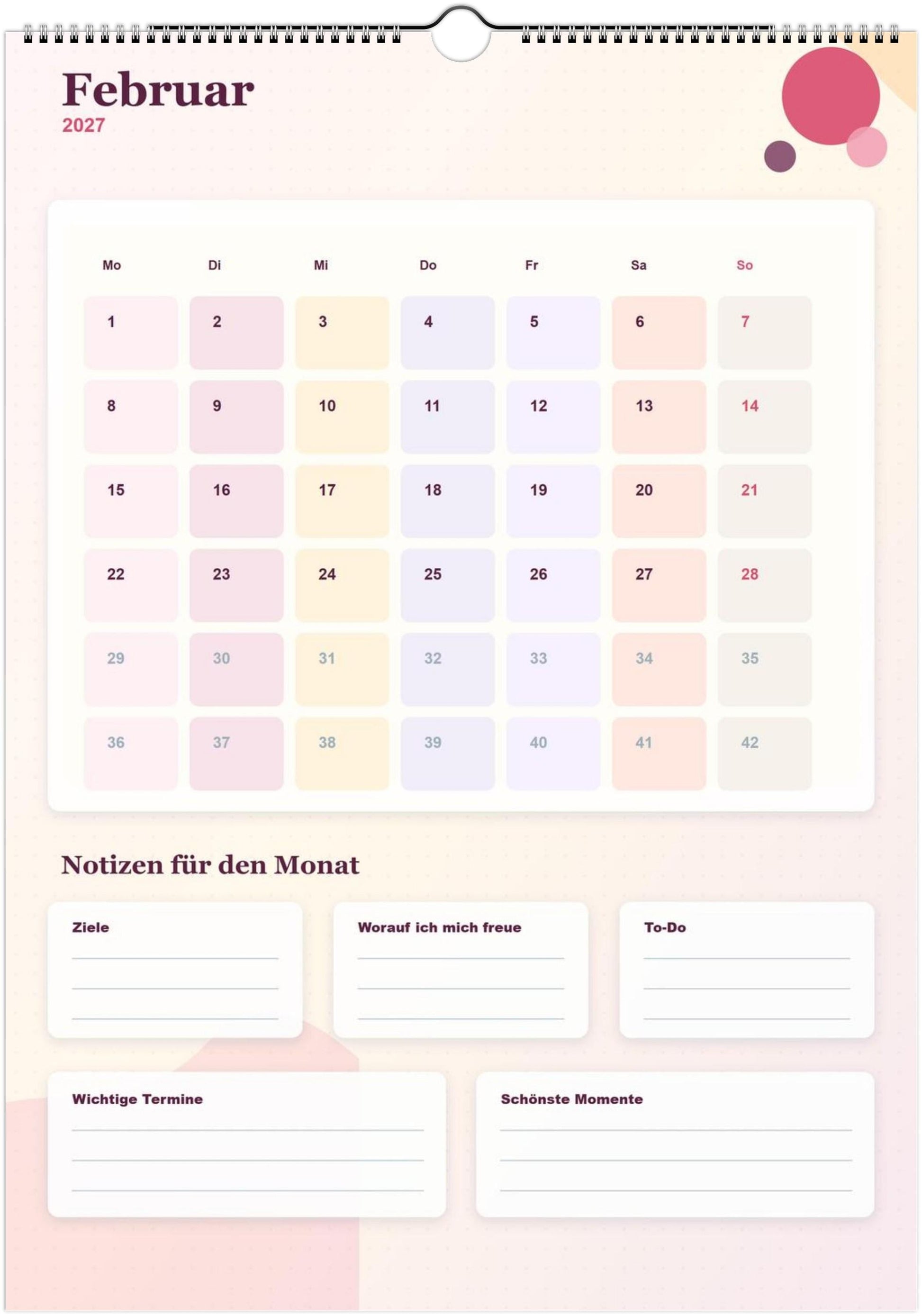 Monatsplaner Kalender 2027 A4 A3 Wandkalender bunt | Kalender mit Notizen | Jahresplaner Geschenk Büro Familie Termine Ziele Notizen ToDos
