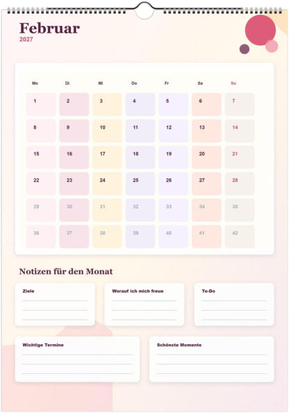 Monatsplaner Kalender 2027 A4 A3 Wandkalender bunt | Kalender mit Notizen | Jahresplaner Geschenk Büro Familie Termine Ziele Notizen ToDos