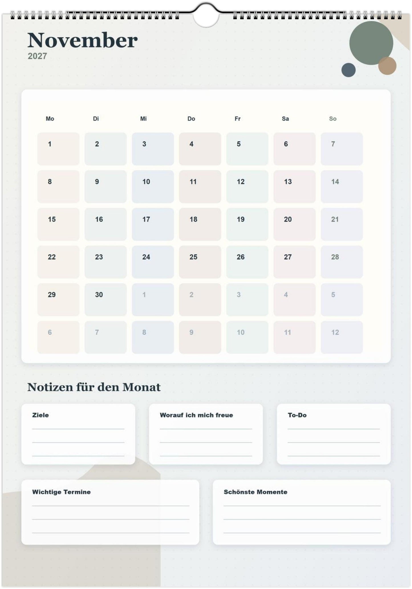 Monatsplaner Kalender 2027 A4 A3 Wandkalender bunt | Kalender mit Notizen | Jahresplaner Geschenk Büro Familie Termine Ziele Notizen ToDos